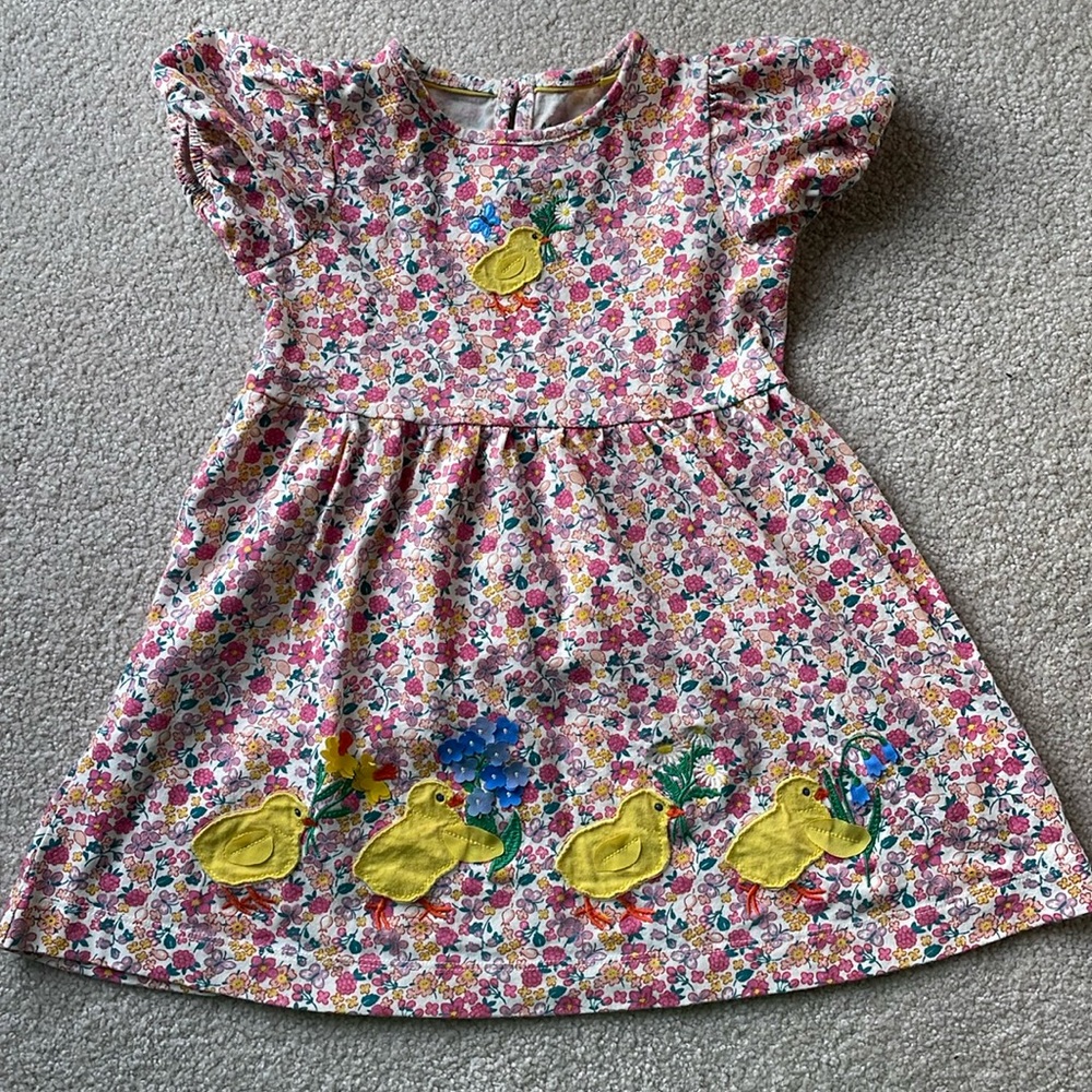 Mini Boden Girls Cotton Print Dress with Chicks Appliqué. Size 3-4.